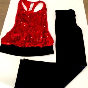 Balera Girls Dance Outfit Red Sequin Top Sz IC 6-7  Blk Stretch Pants Sz SC 6-6x